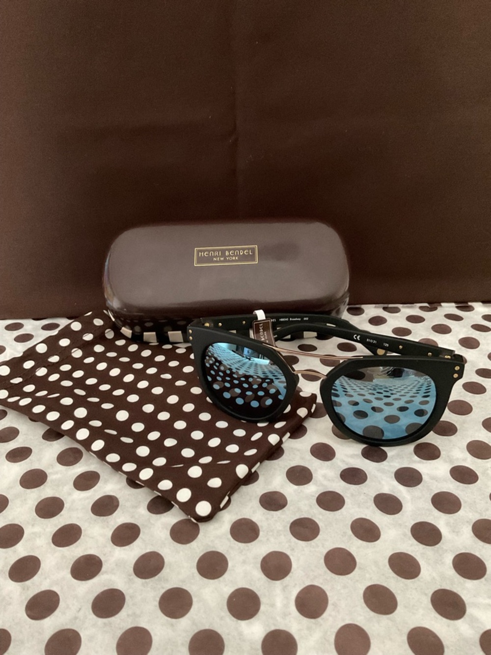 NWT Henri Bendel Broadway Sunglasses +Case & Polka Dot Bag - Blue Mirror Lenses